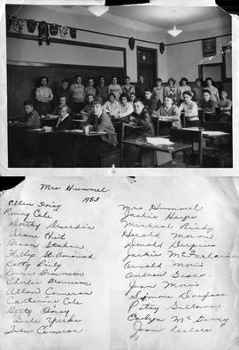 Mrs. Hummel 1953 - Ellen Foisey, Ronny Cole, Dorthy Deserdin [Dorothy Desjardin], Diana Heit, Brian Stahan, Phillip St. Amound, Betty Baily, Lorna Brownson [Lorna Bronson], Charlie Brownson [Charlie Bronson], Allan Cameron, Catherine Cole, Betty Foisey, G