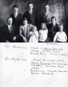 Sisters L - front row: Oscar + Julia Koivula Maki with Lilja Back row: Oiva + Oscar - R - front row Eeva Annikka (Ann), Anna Koivula Kantokoski (Koski), Veikko Vesa (Vic) Back row: Matti Kantokoski (Koski)