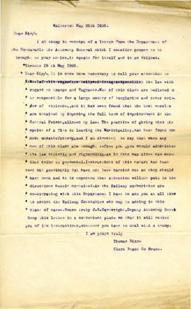 Letter from Thomas Dixon, Clerk Peace Co Bruce